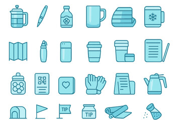 Hand-drawn coffee shop and service icons in blue tones