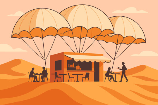 Floating desert caf&eacute; with parachutes and seated customers