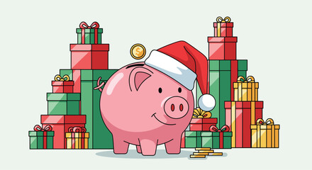 Happy holiday savings featuring a cute piggy bank wearing a Santa hat surrounded by colorful gifts, perfect for financial planning campaigns