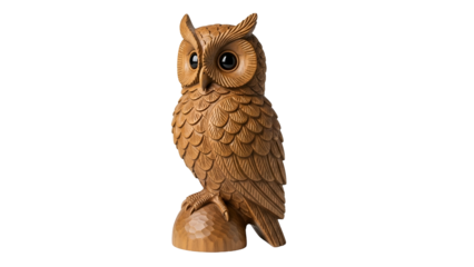 A finely carved wooden owl sculpture with detailed plumage and sharp gaze, set against black
