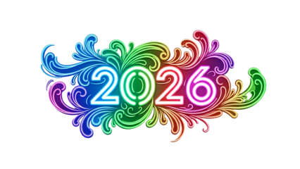 Neon "2026" in vibrant, rainbow colors amidst intricate floral scrollwork against black