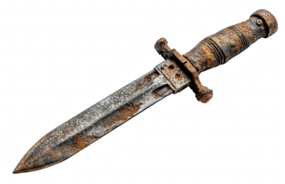 Antique rusty bayonet knife, isolated on transparent background, war relic, realistic texture, clean minimal composition