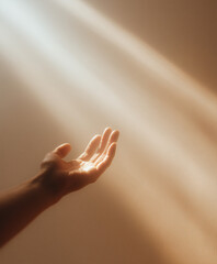 softly lit composition featuring a human hand reaching toward a beam of light