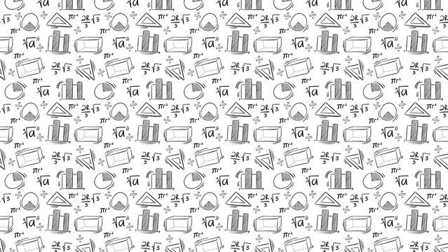 Mathematical equations and shapes in black and white create a seamless pattern background design
