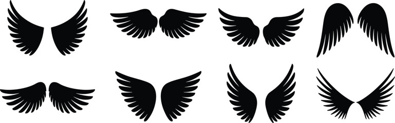 Wing icon set, feather silhouette variations, fantasy and tattoo graphic design, black symmetrical illustration elements