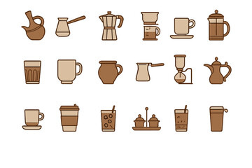 Icon set of coffee makers, cups, and brewing methods on brown