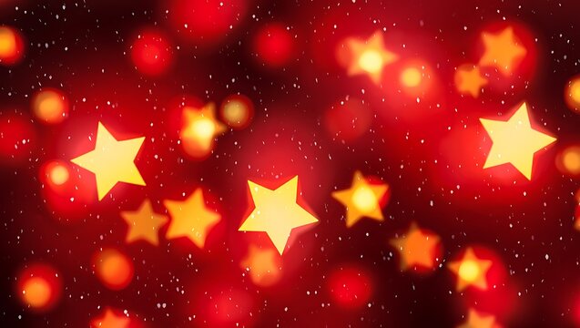 Festive red bokeh background with glowing star shapes and falling snow for a magical holiday celebration