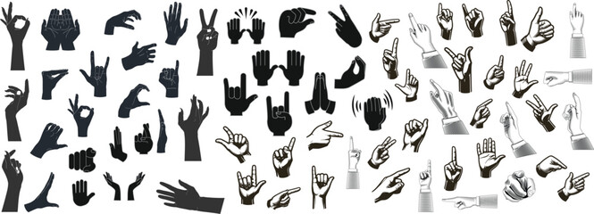 Set of various black silhouette woman hands. Vector collection of female hands of different gestures. Trendy minimal style for logos, prints, designs, illustrations,