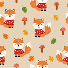 Seamless pattern with cute cartoon fox in sweater, mushrooms, and autumn leaves on a light brown background for kids fabric design. Vector illustration