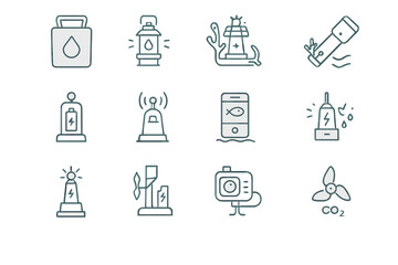 Set of marine technology and energy icons on metal gradient