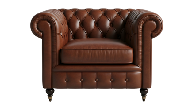 Classic brown leather tufted armchair with rolled arms and button detailing