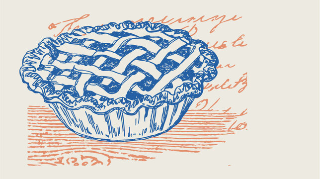Vintage bakery illustration of a rustic pie in hand drawn engraving style