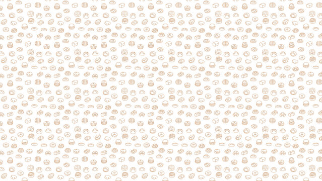 A repeating pattern of various types of pastries and baked goods on a white background surface area