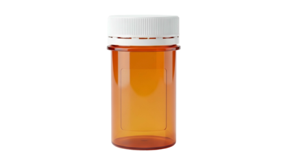 Transparent amber pill bottle with white cap, isolated against a black background