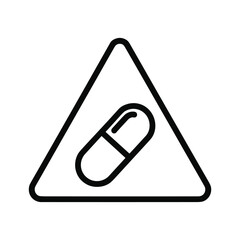 Warning sign with capsule icon inside a triangle, simple black and white line art