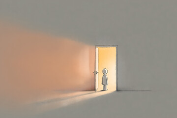 A simple, slightly clumsy human-like character stands before an open door, light spilling out from behind it