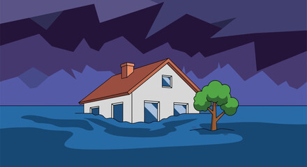 Flood damage house submerged in water natural disaster concept