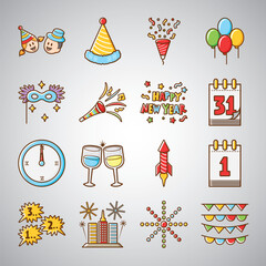 Happy New Year Icon Set Vector Art Illustration for Festive Celebration, Party Elements, Fireworks, Gifts, and Seasonal Holiday Designs