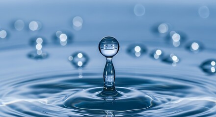 Water droplet suspended above rippling blue liquid surface splash ripple