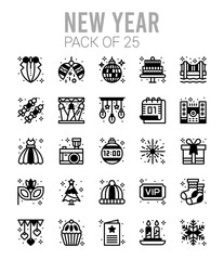 Happy New Year Icon Set Vector Art Illustration for Festive Celebration, Party Elements, Fireworks, Gifts, and Seasonal Holiday Designs