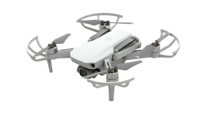 Small, white drone with folded arms, ready for flight, isolated on black background