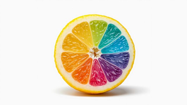 A cross-section of a lemon with its inner segments colored like a rainbow or color wheel (red, orange, yellow, green, blue, purple) against a white background.