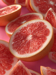 Many juicy slices of grapefruit lie on the surface