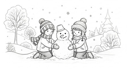Delightful winter scene of kids building snowman together, enjoying the snowy weather, perfect for holiday crafts and seasonal designs, family fun illustration