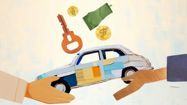 A stop-motion style video concept showing a side-angle view of hands exchanging a paper car, money, and a key, symbolizing a transaction. Live desktop wallpaper.