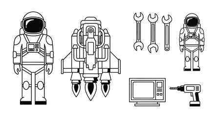 Astronaut space exploration tools and rocket vector illustration