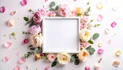 Floral frame roses, petals, greenery surround blank square