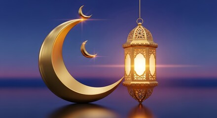 A beautiful 3D illustration of a golden crescent moon and an illuminated Arabic lantern for the holy month of Ramadan