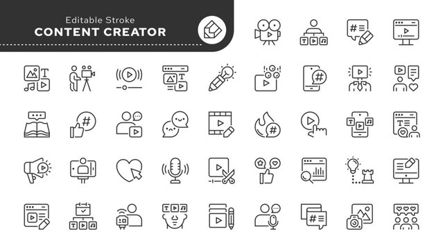 Content creator line icon set. Media content, blogger, podcast, live streaming, create digital design, social network and more. Outline icon in linear style. Vector collection.