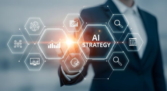 Business woman demonstrating ai strategy with futuristic interface and glowing light