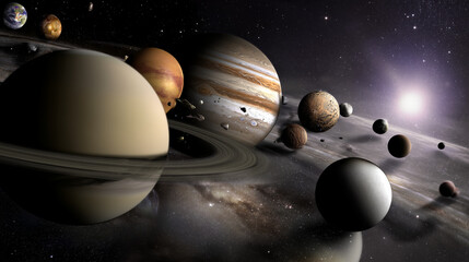 unknown. A wide-angle view of the solar system's planets in alignment, featuring a mysterious translucent sphere. STEM education sheets.