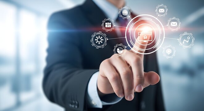 Businessman interacting with digital security interface cybersecurity and data protection concept