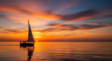 Fototapeta premium Sailboat sailing on calm water during a vibrant sunset.