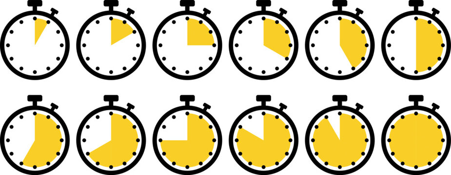 Vector stopwatch and timer set with multiple countdown durations. Timer countdown icons. Stopwatch vector set. Cooking timer illustration. Sport chronometer icons. Time interval graphics.