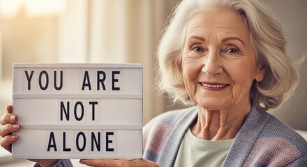 Smiling senior woman holding lightbox with text you are not alone. Support and empathy concept for elderly people and mental health awareness.