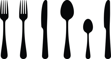 Collection of black silhouette icons featuring forks, knives, and spoons in various sizes, representing dining, restaurant, and eating utensils.