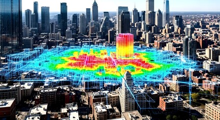 Futuristic Cityscape with Heatmap Overlay and Geometric Grid Vis