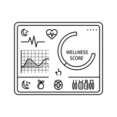 Outline icon of a digital wellness score monitor displaying heart rate, sleep, nutrition, and activity tracking data isolated on