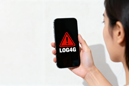 Smartphone screen with LOG4G, cybersecurity vulnerability alerts on mobile devices. Data breach risk, and software security awareness for IT, DevOps, and app users in modern digital life.