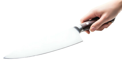 Hand holding a large, shiny chef's knife against a black background, angled view