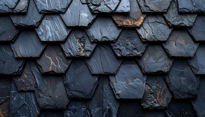 Dark, textured roofing tiles are arranged in a repeating pattern, some with mineral deposits and varying shades of gray