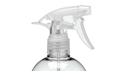 Close-up of a clear plastic spray bottle top with a trigger and nozzle, against black