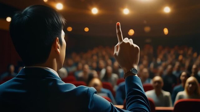 Rear view of a speaker in a suit addressing a large audience in an auditorium.