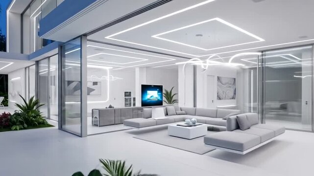 Modern Luxury Villa with Infinity Pool and Open-Plan Living Area at Night.