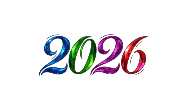 Colorful, stylized "2026" with reflective surface against black backdrop