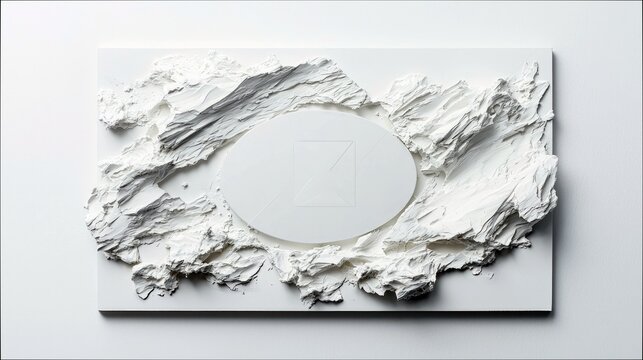 A minimalist abstract sculpture made of white material, featuring a textured, rocky surface surrounding a smooth oval shape with geometric lines in the center,